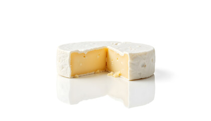 Cheese wheel cut in half on white background