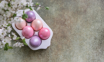 Top view of colorful pastel Easter eggs and cherry blossom branches on green concrete background with place for text