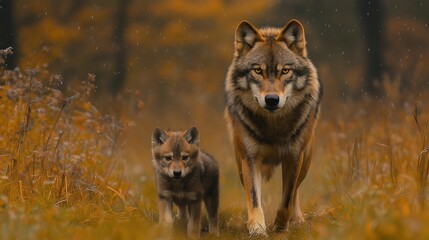 A dynamic wildlife photograph of a wolf , droplets of dew flying through the air, with focus on the wolf and blurred motion in the background, photorealistic.