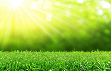 Obraz premium A close-up of fresh grass covered in dew drops, with a soft focus and bokeh effect, set on a natural green background, representing the idea of spring or nature