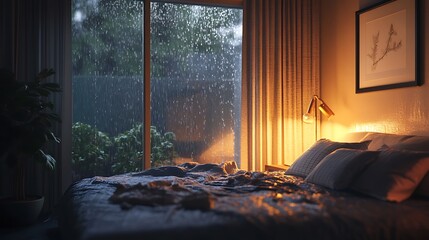 Bedroom illuminated with warm light as rain pours outside the glass window