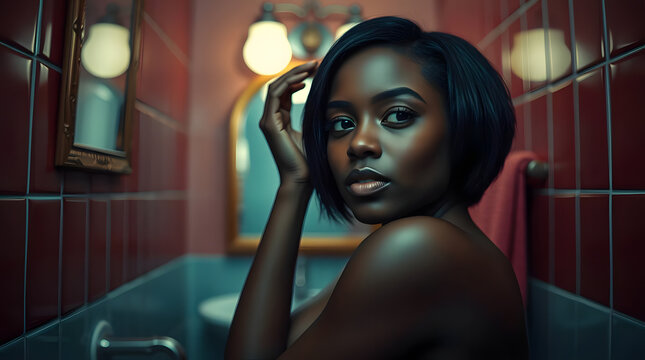 woman in a modern bathroom for spa and wellness concept