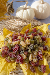 Multicolored raw pasta spigle . Assortment of pasta in the form of openwork leaf.