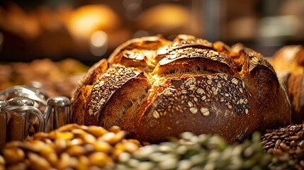 Artisan Sourdough Bread with Seeds and Grains Closeup