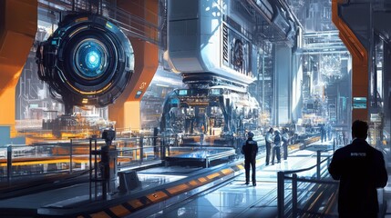 Fototapeta premium A wide-angle photograph of a high-tech factory with machines operating autonomously and human workers overseeing the process 