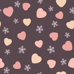 Seamless pattern with flowers and hearts. Vector illustration. It can be used for wallpapers, wrapping, cards, patterns for clothes and other.