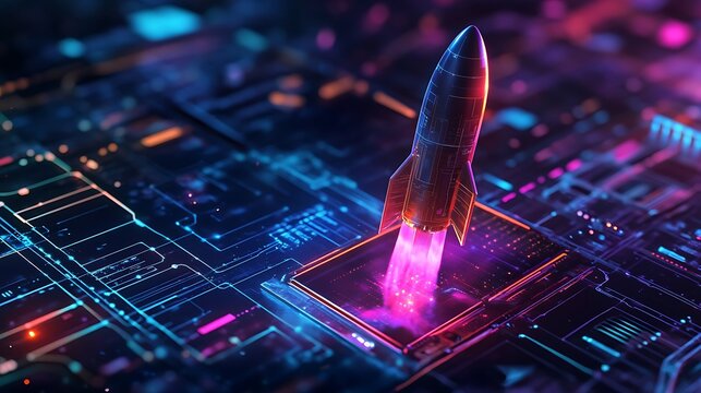 Dynamic rocket emerging from a laptop showcasing advancement in technology