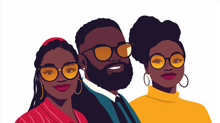 Illustration, ,flat design, only a happy african american family with father mother and child, isolated on white. Togetherness theme. Black family close together, love between partners and child.