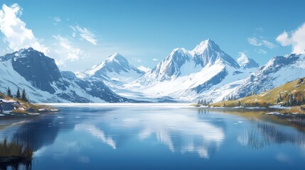 Fototapeta premium A tranquil lake surrounded by snowy mountains, with clear blue skies and a few wispy clouds drifting by 
