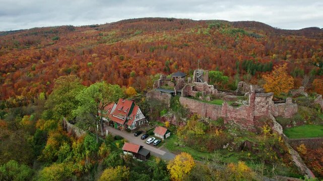 Aerial view ruins of old castle. Ruin of Hohnstein Castle, Harz mountains, Germany.
