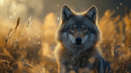 Fototapeta premium A dynamic wildlife photograph of a wolf , droplets of dew flying through the air, with focus on the wolf and blurred motion in the background, photorealistic.