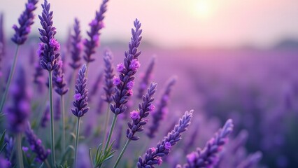 Obraz premium Lavender in full bloom with vibrant purple florets. The rich lavender color contrasts beautifully with silvery-green leaves, creating a serene, calming scene illuminated by soft sunlight.