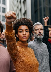 A diverse group of people standing united in protest on an urban street.