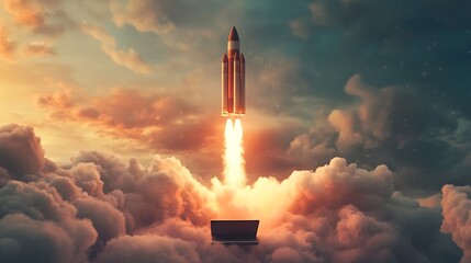 Conceptual rocket blasting off from a laptop to signify technology-driven growth