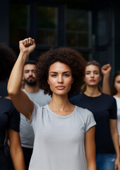 A diverse group of people standing united in protest on an urban street.