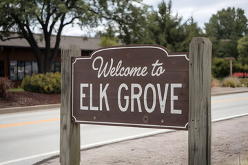 Fototapeta premium Welcome to Elk Grove California Rustic Wooden Sign with State Outline and Warm Greeting in Natural Setting