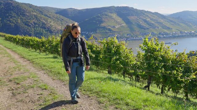 Female hiker walking on rocky trail with sweeping Rhine valley views of the river, vineyards, and small towns below, Germany