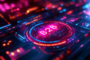 "B2B" surrounded by abstract corporate graphs and data charts in clean blue tones. Bright lighting, contrast