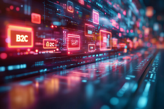 "B2C" on a light gradient background, with icons of credit cards, shopping bags, and digital storefronts. Bright lighting, contrast