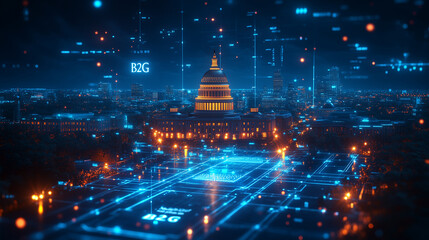 "B2G" placed over a stylized outline of government buildings and official seals on a navy background. Bright lighting, contrast
