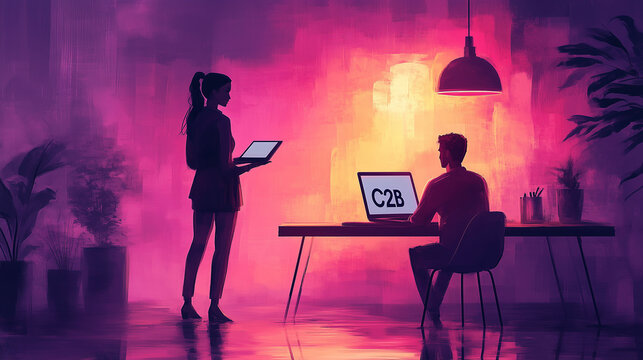 "C2B" with a stylized figure presenting creative work on a laptop to a corporate entity. Bright lighting, contrast