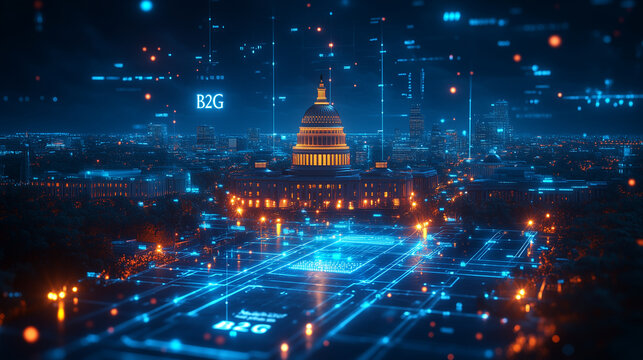 "B2G" placed over a stylized outline of government buildings and official seals on a navy background. Bright lighting, contrast