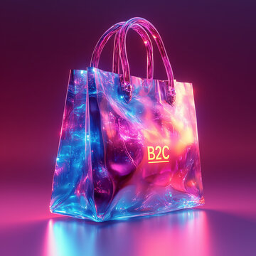 "B2C" on a soft gradient background with a glowing shopping bag icon at the center. Bright lighting, contrast