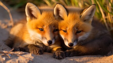 Fototapeta premium Adorable Baby Red Foxes Cuddling at the Beach. A Cute Furry Family of 2 Friends Enjoying a Day Out in Nova Scotia, Canada
