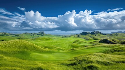 Obraz premium Scenic coastal golf course under a dramatic sky, ideal for travel brochures