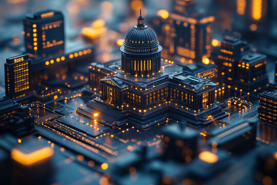 "B2G" in gold and navy with minimalist government buildings, documents, and legal symbols. Bright lighting, contrast