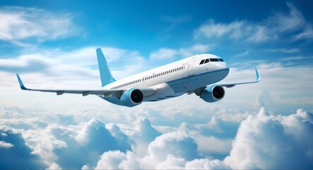 Fototapeta premium Airliner Flies Through Fluffy Clouds. Modern Plane Soaring High in Sky on Flight to Destination