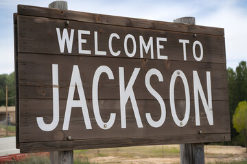 Rustic Wooden Sign Welcoming Visitors to Jackson Wyoming with Scenic Mountain Backdrop and Warm Hospitality