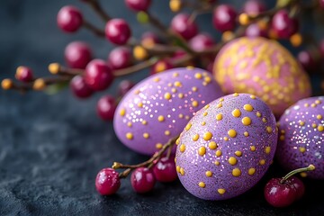 Obraz premium Purple and yellow speckled eggs beside vibrant red berries, celebrating nature's beauty