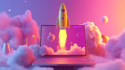 Laptop with a vibrant rocket taking off symbolizing technological breakthroughs