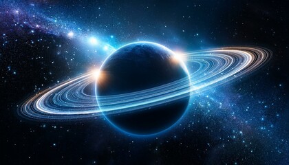 Obraz premium 깊은 우주 속에서 빛나는 고리 형태의 행성, 행성 주위에 떠다니는 작은 별들이 강조된 장면