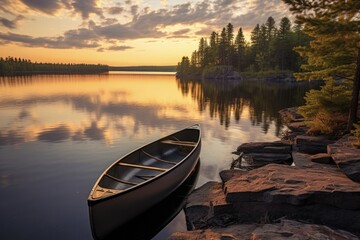 Fototapeta premium Tranquil Sunrise on Northern Minnesota Shoreline: Solo Canoeing in Boundary Waters at Dusk - AR 3:2