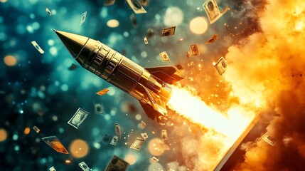 Rocket blasting off from a laptop in a vivid depiction of technology growth