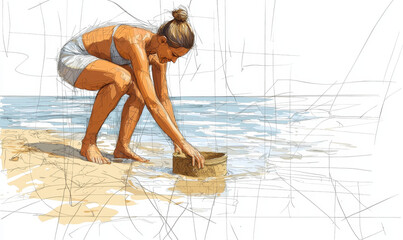 Obraz premium Illustration of a Woman Enjoying a Relaxing Day at the Beach Building Sandcastle by the Ocean Under a Clear Blue Sky