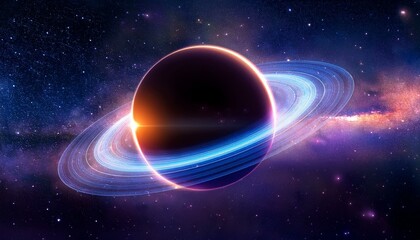 Obraz premium 깊은 우주 속에서 빛나는 고리 형태의 행성, 행성 주위에 떠다니는 작은 별들이 강조된 장면