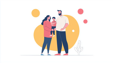 Illustration, ,flat design, only a happy caucasian american family with father mother and child, isolated on white. Togetherness theme. Family close together, love between partners and child.