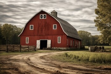 Obraz premium Vintage Barnyard Amidst Lush Agricultural Setting in the US