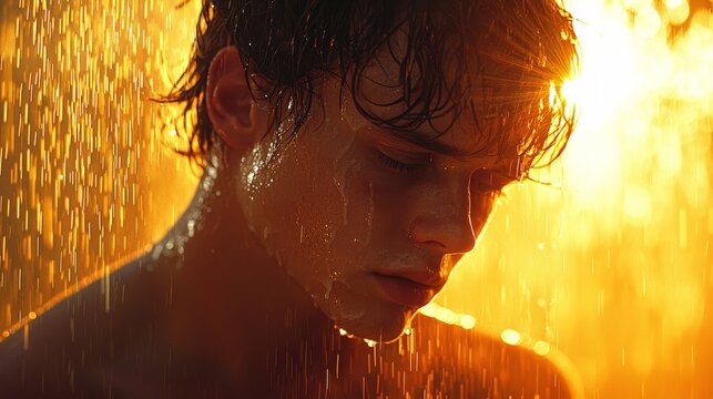A man with a concerned look looks up during a rainstorm, reflecting his thoughts and worries in the dramatic light