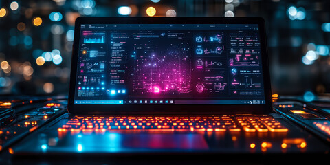 Fototapeta premium AI-Enhanced Laptop Displaying Advanced Machine Learning Interface for Professionals and Gamers