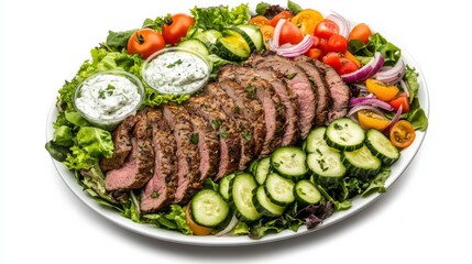 A platter of colorful Greek gyro salad with gyro meat slices, mixed greens, tomatoes