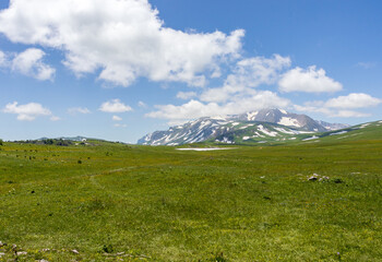 the beginning of the spring period in mountainous areas, remnants of snow cover and panoramic views...