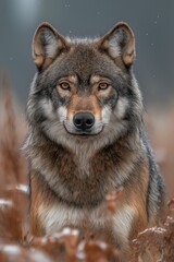 Obraz premium A dynamic wildlife photograph of a wolf , droplets of dew flying through the air, with focus on the wolf and blurred motion in the background, photorealistic.