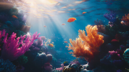 Vibrant coral reef with colorful fish and sunlight shining through the water. Radiant Reef. Illustration