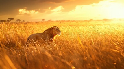 Fototapeta premium Lion standing in golden grass at sunset, with a bird flying in the background