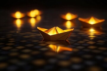 Luminous Origami Boat on Dark Water, Glowing Paper Ship, Golden Reflection