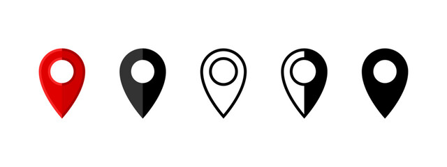 Location icons in different styles, including red, black, outline, and flat vector